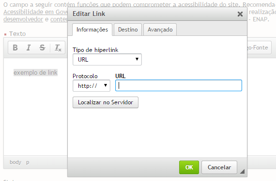 Inserindo link no texto do editor ampliado do Suindara