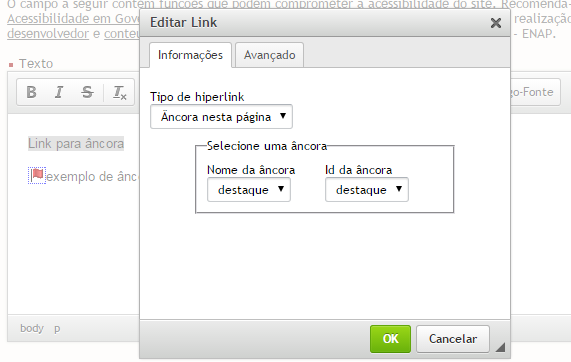 Inserindo âncora com link no editor ampliado do Suindara